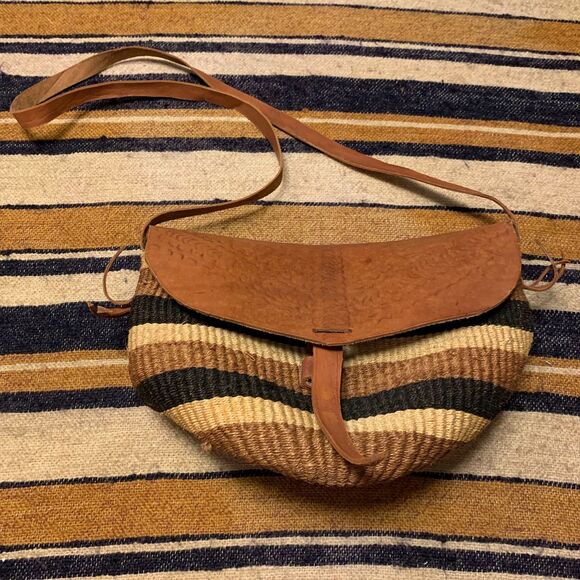 Vintage Shoulder Crossbody Bag Woven Flap Leather Boho Bohemian Round Stripe - Picture 1 of 10